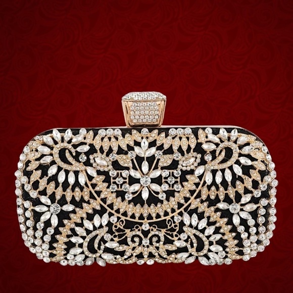 Crystal Rhinestone Embellished Black Evening Bag w/Handle & Chain Strap NWT - Picture 2 of 16